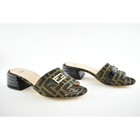 Fendi Black Brown Monogram Logo Backless Sandal Block Heel Mule Slide Pump 37.5 - Picture 4 of 12